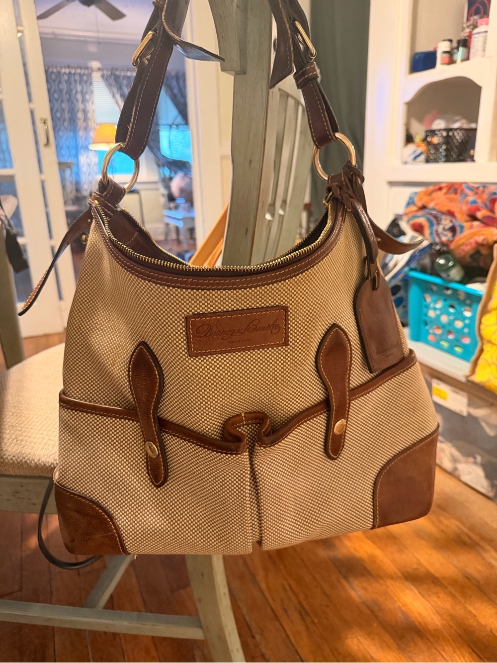 Dooney & Bourke Beige Canvas Shoulder Bag with Brown Leather Trim
